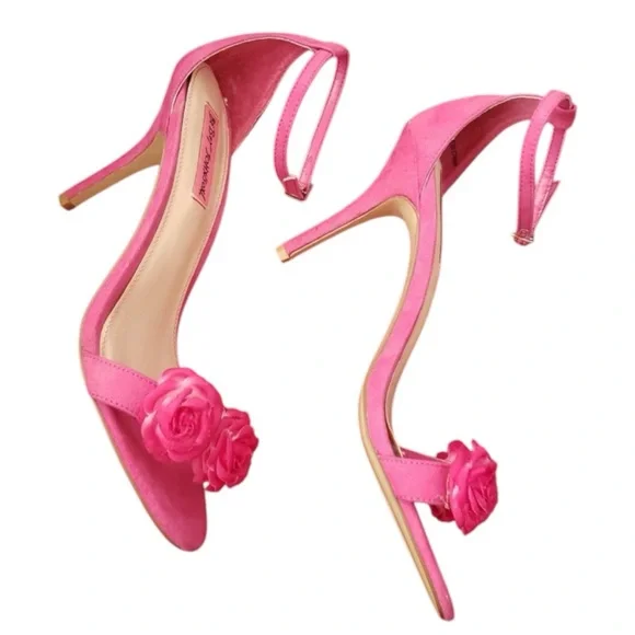 BETSEY JOHNSON Bromme Fuchsia Fabric Floral Dress Sandal Open Toe Heels Size 7 - Picture 9 of 11